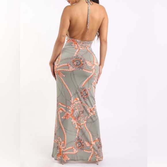 Sage Combo printed Halter Cutout Ruched Bodycon Maxi Dress - Picture 4 of 6